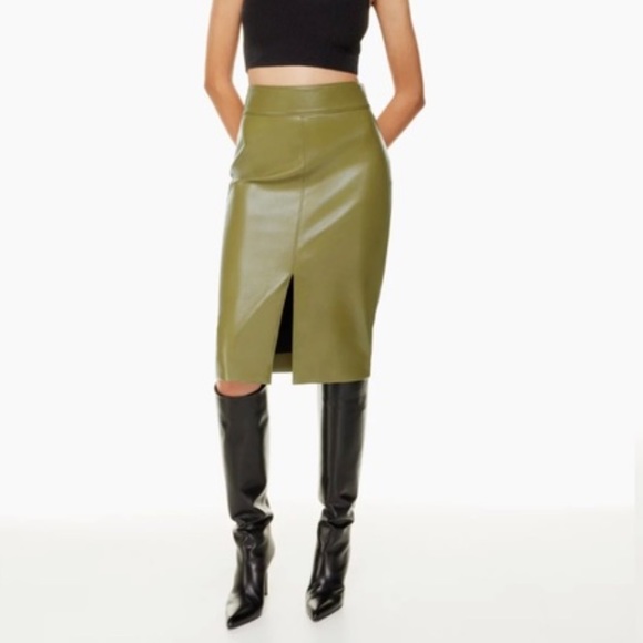 NWOT Aritzia Babaton Pegu Vegan Leather Pencil Skirt with Slit | Olive Green | 2 - Picture 2 of 7